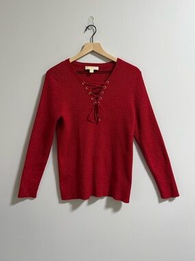 Michael Kors Red Lace-Up V-Neck Sweater